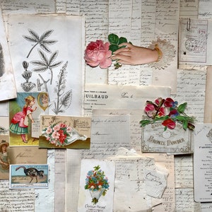 Una generosa cantidad de papeles franceses antiguos, tarjetas y grabados. Años 1800 y 1900. Para collage y fines decorativos.