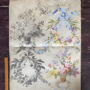May include: A vintage wallpaper design featuring four different floral motifs. The design includes a bouquet of flowers in a basket, a wreath of flowers with a blue ribbon bow, and two different designs of wreaths with leaves and flowers.