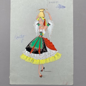Diseño original de vestuario teatral francés de las décadas de 1930 y 1940, acuarela y esmaltes sobre cartulina. Medidas: 34,3 x 25 cm.