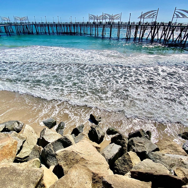 Redondo Beach Pier Photography Print. California Pacific Ocean Image Esplanade Fishing Surf Sand Fine Art Photo Aqua Marine Blue Sky Rocks