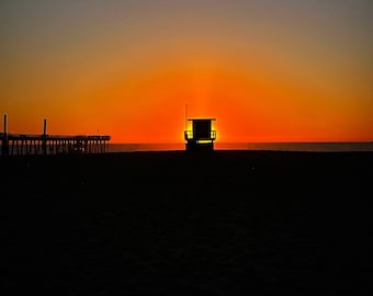 Hermosa Beach Silhouette Stand I Lifeguard Tower Sunset Photography Print I California Coast Wall Art I Beach Decor I Surf and Sand