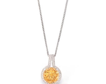 14k White Gold Natural Fantasy Cut Cabochon Citrine Necklace With Diamonds