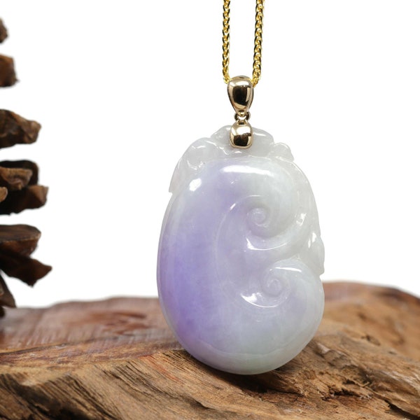 Genuine Burmese Lavender Jadeite Jade RuYi Pendant Necklace with 14k Yellow Gold Bail, Real Jade Jewelry For Mom, Her, For Love