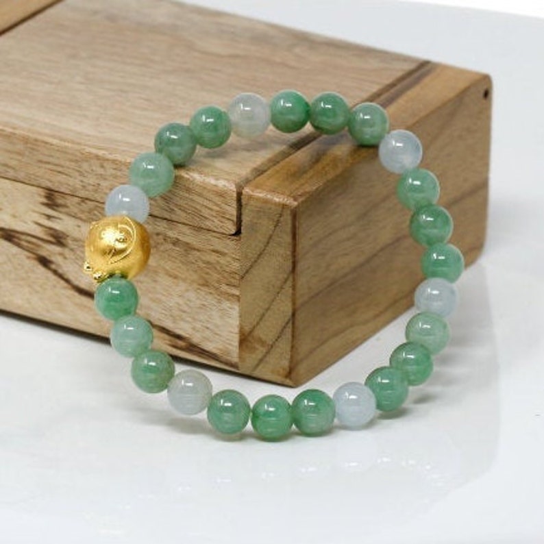 Genuine High-quality Jade Jadeite Bracelet Bangle with 24k Yellow Gold Cat Charm #414