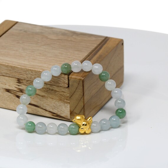 Genuine High-quality Jade Jadeite Bracelet Bangle with 24k Yellow Gold Cat Charm #414