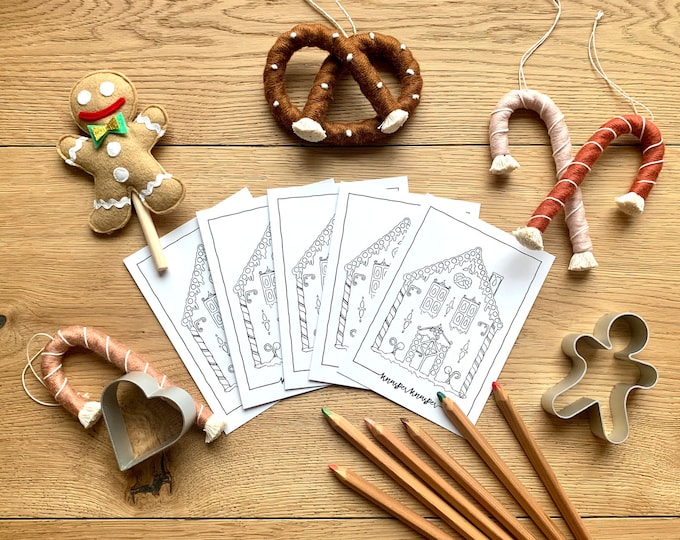 Set of 5 coloring gingerbread house cards