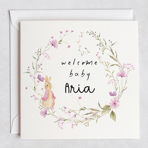 Personalisierte Flopsie Kaninchen-Willkommens-Babykarte, Neugeborenen-Baby-Karte, Baby-Mädchen-Geschenk, Willkommens-Babykarte, Babyparty-Gruß, für Neugeborene