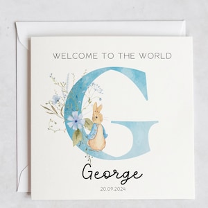 Carte Peter Rabbit personnalisée Bienvenue dans le monde, carte de nouveau bébé, nouveau-né garçon, carte de bienvenue de bébé, carte de Peter Rabbit nouveau bébé