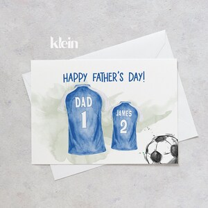 Carte de fête des pères de fan de football, carte de maillots de football personnalisés pour papa, carte d’équipe de papa, carte de maillots de football bleu-blanc