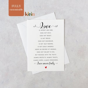 Kaart liefde is geduldig, liefde is geduldig, kaart met bijbelteksten, kaart christelijk jubileum, 1 Korintiërs 13, christelijke kaart, huwelijksverjaardag