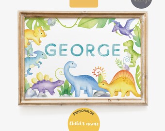 Lámina personalizada con nombre de dinosaurio, arte de pared para la habitación infantil