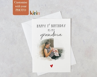 Personalized Grandma 1st Birthday Card, Watercolor Photo Card