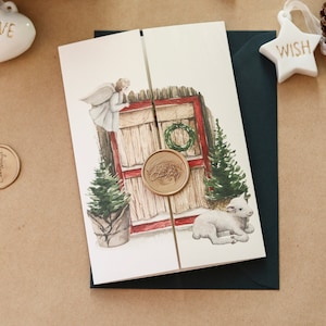 Cartão de Natal incomum, cartão de Natal de luxo, cartão de selo de cera de Natal, cartão de Natal Gatefold, cartão de Natal de anjo
