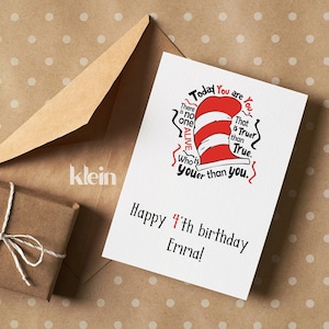 Tarjeta de cumpleaños del Dr. Seuss, tarjeta de cumpleaños personalizada para niños, Dr. Seuss, tarjeta de cumpleaños para niños, tarjeta de 4.º cumpleaños