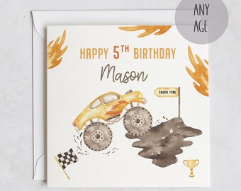 Tarjeta de cumpleaños personalizada de Monster Truck, tarjeta de edad para niños
