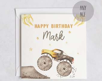 Tarjeta de cumpleaños personalizada de Monster Truck, tarjeta de edad para niños