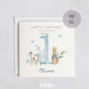 Tarjeta de cumpleaños infantil personalizada, numerada (1.ª, 2.ª y 3.ª), de Peter Rabbit.