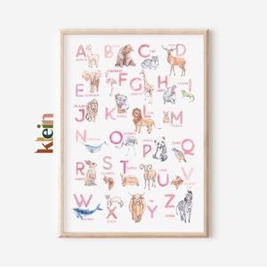 Tiere Alphabet Druck mit rosa Buchstaben, Lerndruck, Kinderzimmer Wandkunst, Kinderzimmer Dekor, ABC Poster, Lernen und Spielen, Lernmaterialien