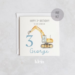 Tarjeta de cumpleaños personalizada 3, tarjeta de cumpleaños Digger Boy, tarjeta de cumpleaños 1 2 3 para niños, tarjeta de cumpleaños de camiones, tarjeta de camiones de construcción
