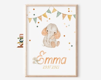 Elephant Nursery Name Print, Personalised Baby Girl Decor