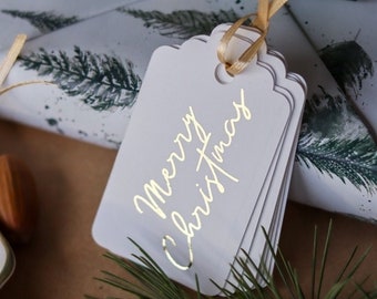 Gold Foil Christmas Gift Tags with Ribbon, Set of 8
