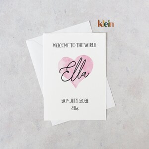 Personalised Welcome to the world card, Personalised baby girl card, New baby card with pink heart, Welcome to the world, New born baby card