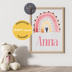 Personalised Baby Name print, Boho rainbow print, Baby girl nursery,  Nursery decor, Blush nursery decor, Watercolour rainbow
