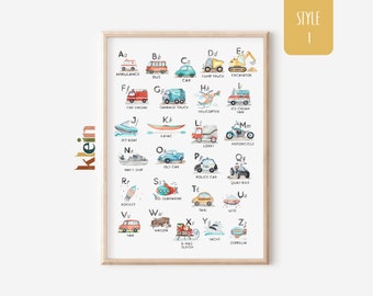 Personalisierte Transport Alphabet Druck | Fahrzeuge ABC Kinderzimmer Kunst | Jungenzimmer Wandkunst