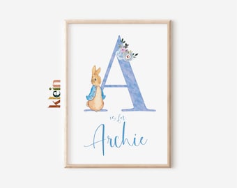 Peter Rabbit Nursery Print,Peter Rabbit decor,Personalised Baby Name Printable,Beatrix Potter Print, Blue Peter Rabbit