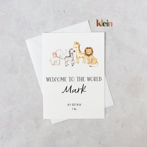 Gepersonaliseerde Welcome to the world card, Welcome to the world card voor baby met safari dieren, Nieuwe babykaart, Welcome to the world card
