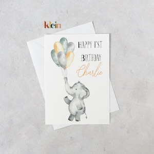 Cartão de feliz aniversário com lindo elefante aquarela e balões, cartão de feliz aniversário personalizado, cartão de aniversário para primeiro aniversário