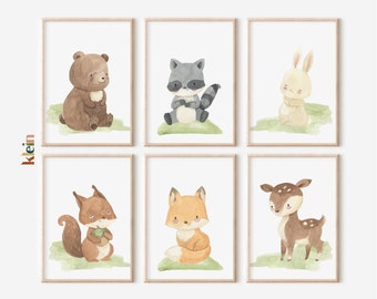 Watercolor Woodland Animal Prints, Nursery Art Set of 6