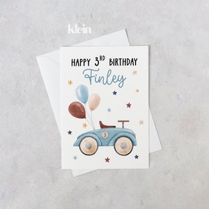 Cartão de terceiro aniversário para menino, cartão de aniversário personalizado, cartão de feliz terceiro aniversário, menino de aniversário de carro vintage