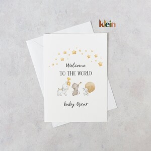Personalisierte Willkommenskarte, Willkommen auf der Weltkarte für Baby mit niedlichen Tieren, Neue Babykarte, Willkommen auf der Welt