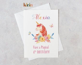 Personalized Unicorn Birthday Card, Magical Watercolor Design