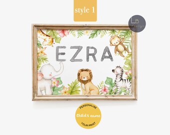 Personalized Safari Animals Nursery Print, Watercolor Baby Decor