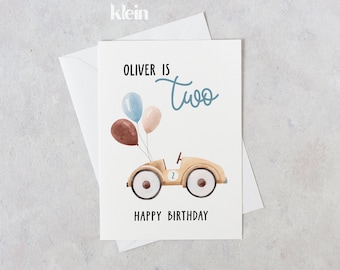 Tarjeta de cumpleaños personalizada para el segundo cumpleaños, coche y globos