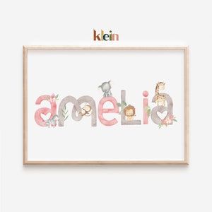 Personalised Baby Name Print, Safari Nursery Wallart, Personalised Girl Name, New Baby Gift, Safari Animals Print