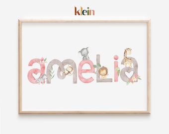 Personalised Safari Nursery Print, Baby Girl Name Art