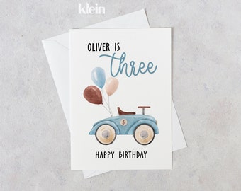 Cartão de terceiro aniversário para menino, cartão de terceiro aniversário personalizado, cartão de feliz terceiro aniversário, menino de aniversário de carro vintage