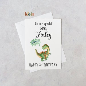 Carte d’anniversaire de dinosaure pour fils, carte d’anniversaire de 3 ans, carte de dinosaure personnalisée, carte d’anniversaire de garçon d’âge, carte d’anniversaire de fils