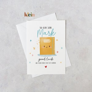 Aan onze zoon veel geluk op uw eerste schooldag, eerste schooldagkaart, eerste schooldag, terugkeer naar schoolkaart, gepersonaliseerde kaart