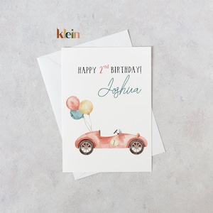 Cartão de feliz aniversário personalizado com cartão de corrida em aquarela, cartão de aniversário infantil de carro de corrida, carro de corrida em aquarela e cartão de balões