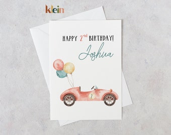 Tarjeta de cumpleaños personalizada con acuarela de un coche de carreras, para niño de 2 años
