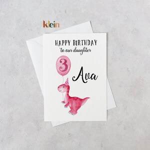 Carte d’anniversaire de dinosaure, carte de dinosaure personnalisée, carte de 1er anniversaire fille, carte de fille de joyeux anniversaire