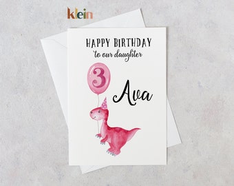 Personalised Pink Dinosaur Birthday Card, Girl 1st Birthday