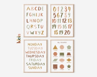 Educational Nursery Prints Set | Alphabet Numbers Shapes Days | Kids Room Wall Art | Set of 4