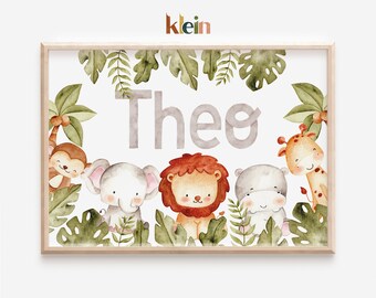 Personalised Safari Animals Nursery Print, Baby Boy Room Decor