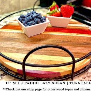 Lazy Susan Turntable with metal rails, 12" Multi-wood Rotating Serving Tray, Wooden Tray, Round boards | Thanksgiving Gifts