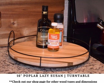 Lazy Susan Turntable with metal rails, 16" Poplar Rotating Serving Tray, Wooden Tray with Rim, Mother's Day Gifts